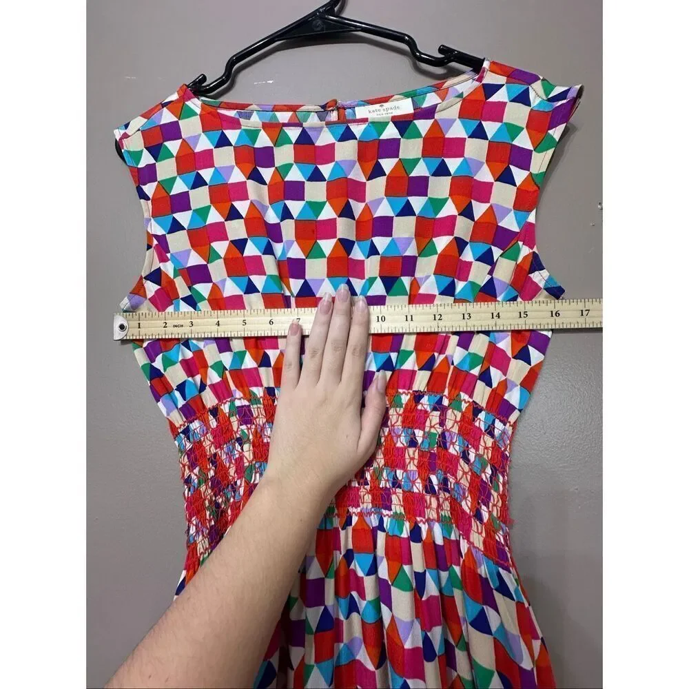 NWOT Kate Spade 100% Silk Abbey Sheath Geometric Fit & Flare Smocked Waist Dress